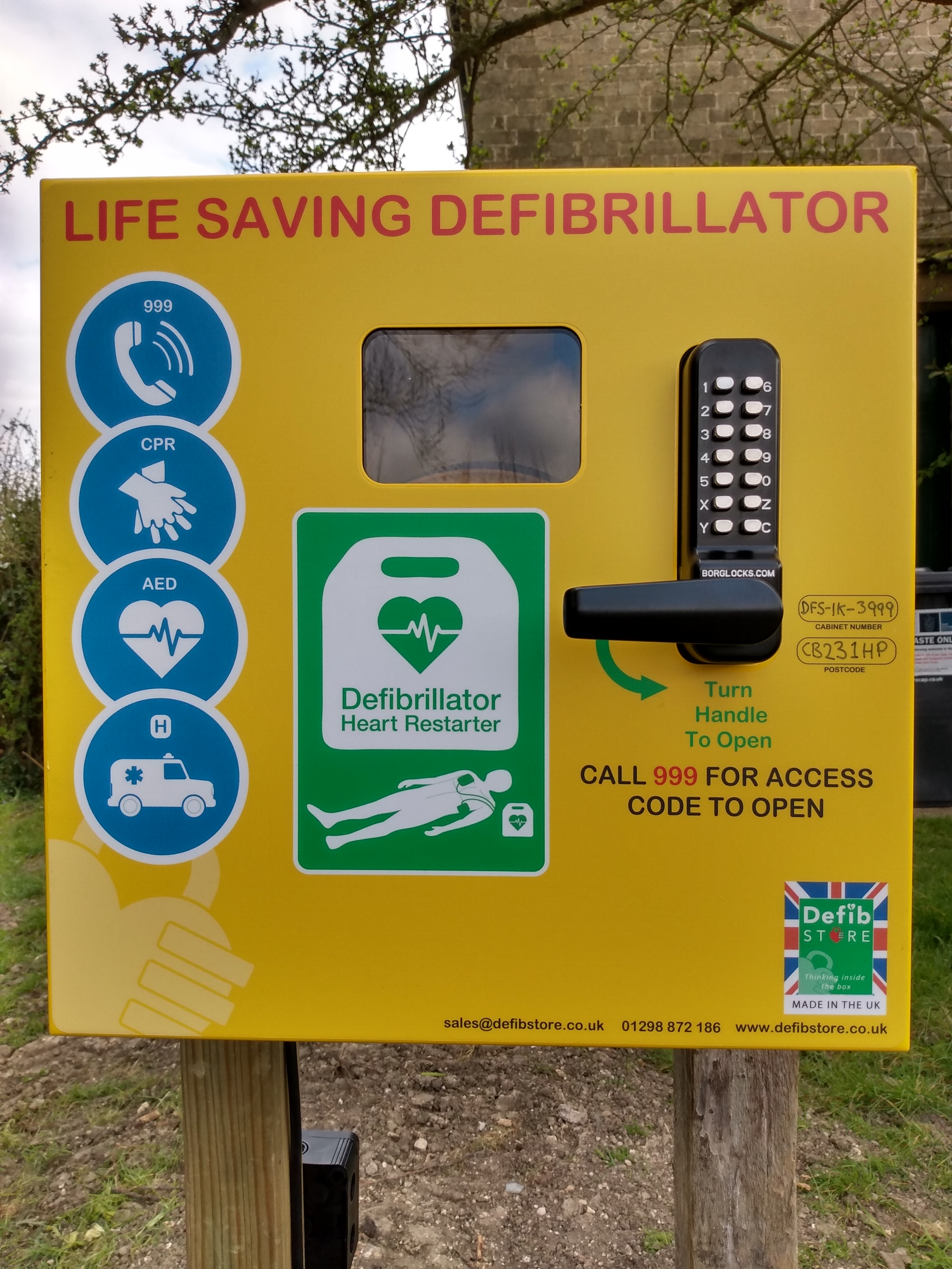 Defibrillator now available outside our hall